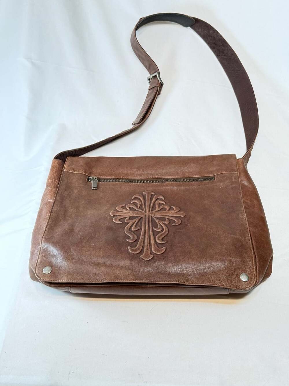 Wilsons Leather Brown Leather Crossbody Messenger Bag Embossed Cross Gothic Work